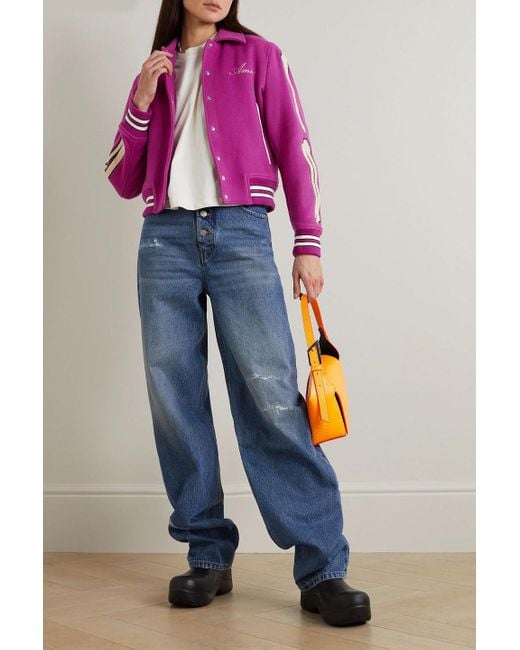 Amiri Pink Bones Appliquéd Wool-Blend Bomber Jacket