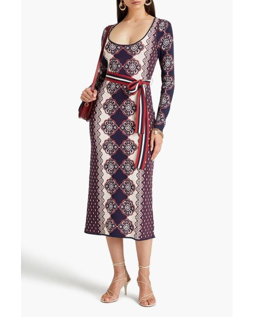 Cara Cara Red Valerie Belted Jacquard-knit Midi Dress