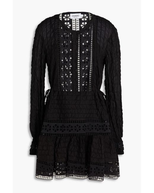 Charo Ruiz Black Crochet-trimmed Cotton-blend Mini Dress