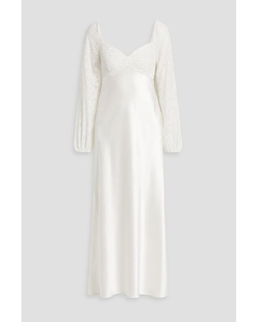 Rixo White Gio Velvet-paneled Silk-satin Midi Dress