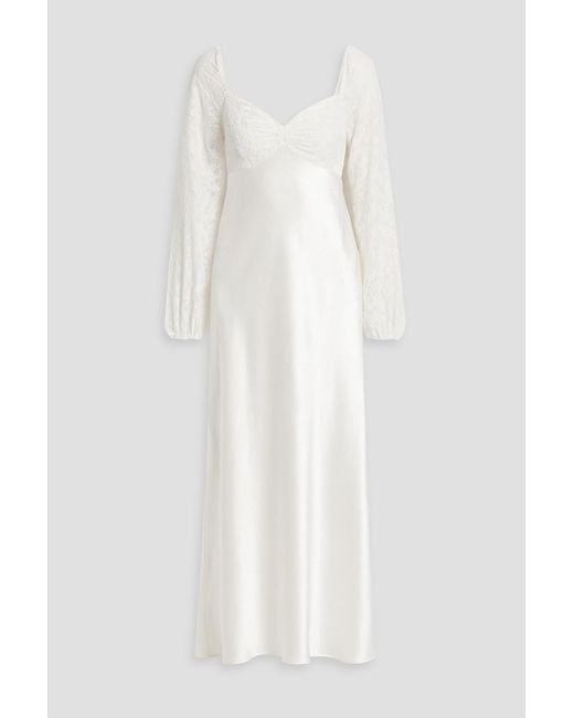 Rixo White Gio Velvet-paneled Silk-satin Midi Dress