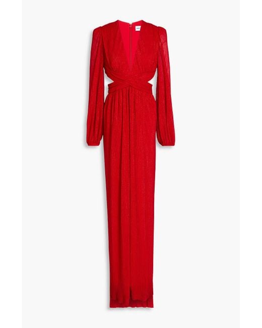 Rebecca Vallance Red Samantha Pleated Cutout Metallic Crepe De Chine Gown