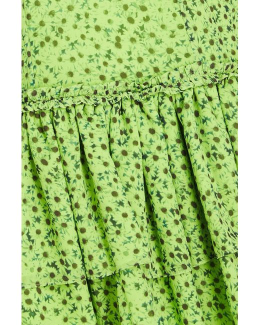 Ganni Green Tiered Floral-print Voile Mini Dress