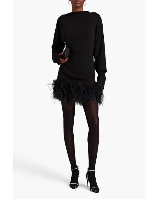 16Arlington Black Flora Open-back Feather-embellished Crepe Mini Dress