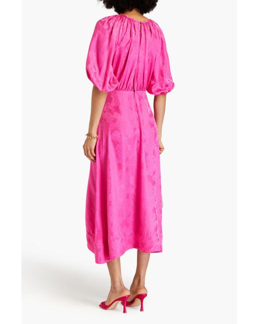 Saloni Pink Olivia midikleid aus glänzendem seiden-jacquard mit wickeleffekt