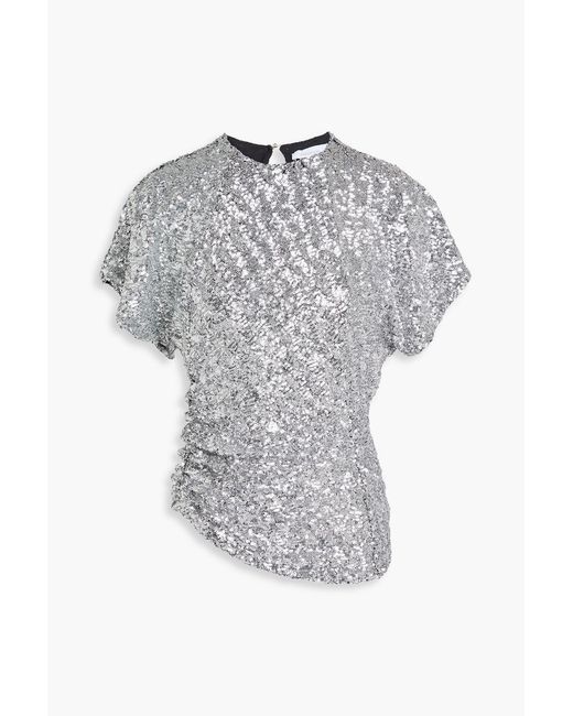 Rabanne Gray Ruched Sequined Mesh Top