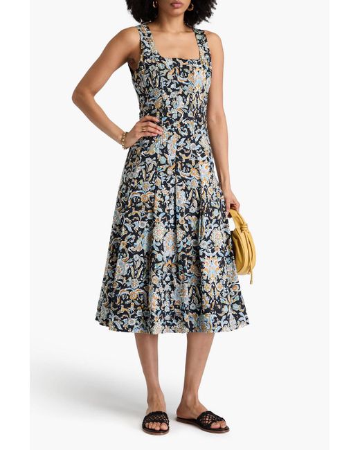 Veronica Beard White Jolie Pleated Printed Cotton-Blend Poplin Midi Dress