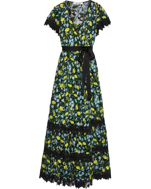 Diane von Furstenberg Green Victorious Crocheted Lace-trimmed Embroidered Tulle Wrap Dress