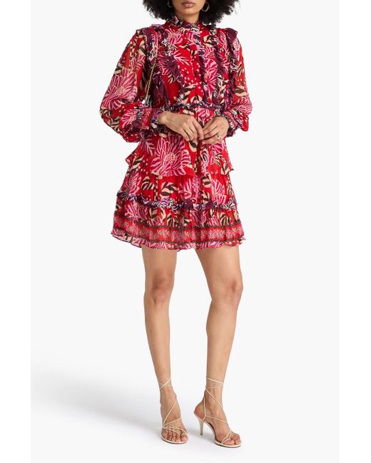 Farm Rio Red Ruffled Printed Gauze Mini Shirt Dress
