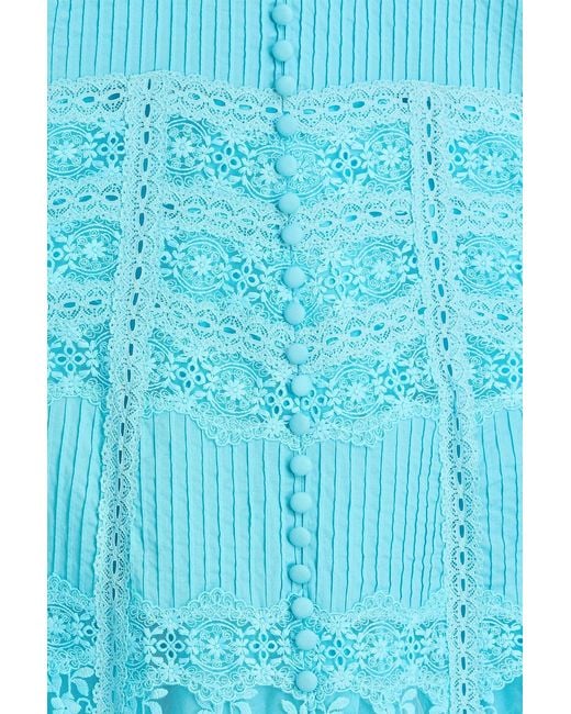 Saloni Blue Lea Lace-Paneled Cotton Midi Dress