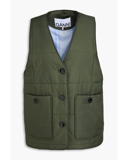Ganni Green Quilted Ripstop Vest