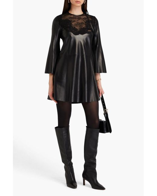 Valentino Garavani Black Lace-paneled Leather Mini Dress