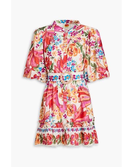 Farm Rio Red Belted Floral-print Cotton-blend Mini Dress