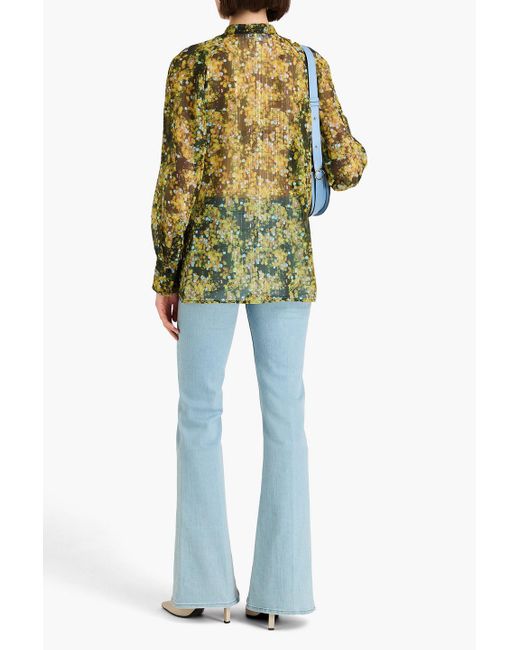 Victoria Beckham Green Pleated Metallic Floral-print Chiffon Shirt