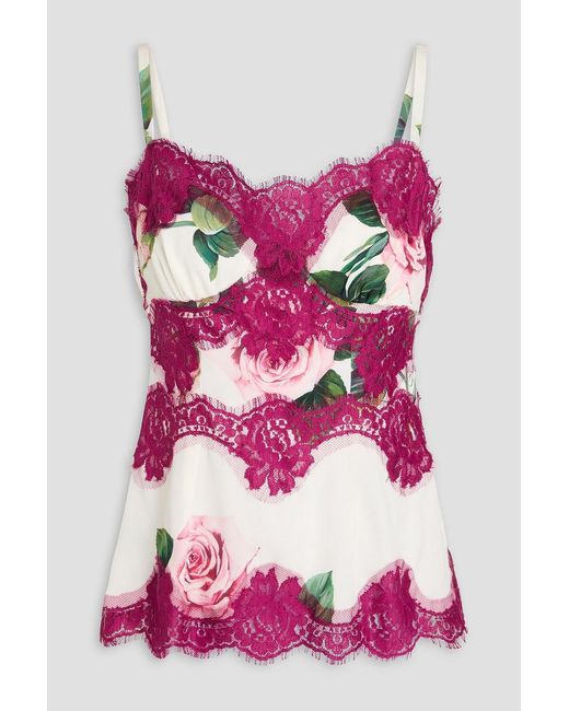 Dolce & Gabbana Pink Lace-trimmed Floral-print Silk-blend Satin Top