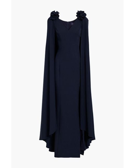Marchesa Blue Cape-effect Floral-appliquéd Cady Gown