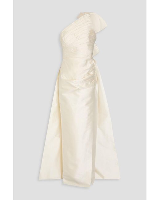 Rachel Gilbert Natural One-shoulder Bow-detailed Wool And Silk-blend Mikado Gown