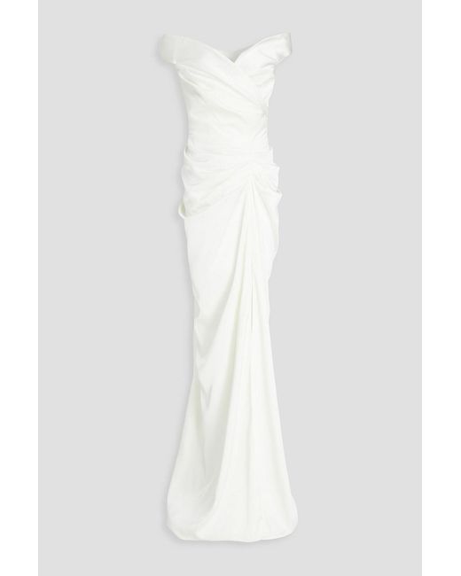Rhea Costa White Athena Off-the Shoulder Draped Satin Gown