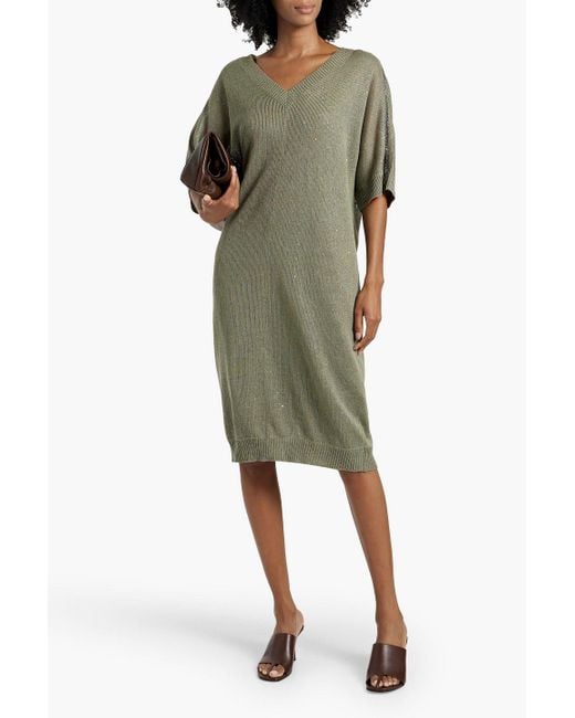 Brunello Cucinelli Green Embellished Linen And Silk-blend Midi Dress