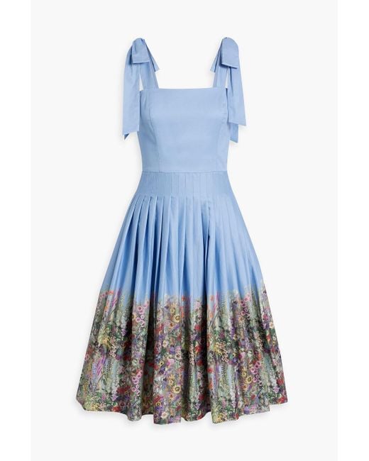 Mikael Aghal Blue Bow-detailed Pleated Floral-print Cotton-blend Poplin Dress