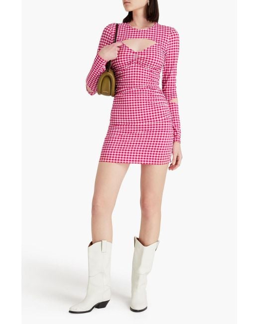 Ganni Pink Cutout Ruched Gingham Seersucker Mini Dress