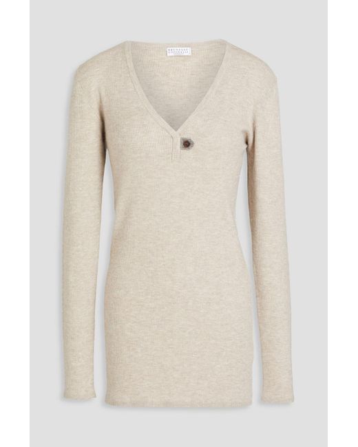Brunello Cucinelli Natural Metallic Ribbed-knit Top