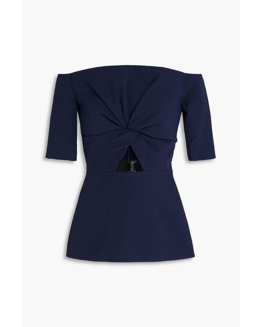 Safiyaa Blue Tecca Off-The-Shoulder Bead-Embellished Cutout Crepe Top