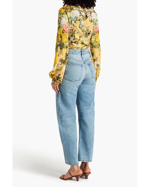 Camilla Yellow Floral-Print Silk-Satin Wrap Blouse