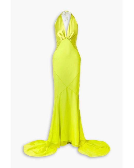Christopher John Rogers Yellow Paneled Satin And Georgette Halterneck Gown