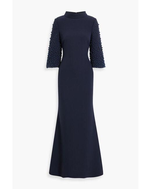 Badgley Mischka Blue Bead-Embellished Crepe Gown