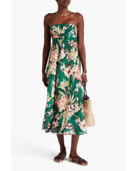 Zimmermann Green Trägerloses midikleid aus leinen mit floralem print und raffung