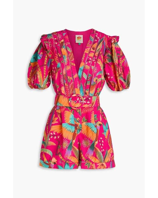 Farm Rio Pink Belted Printed Cotton Playsuit