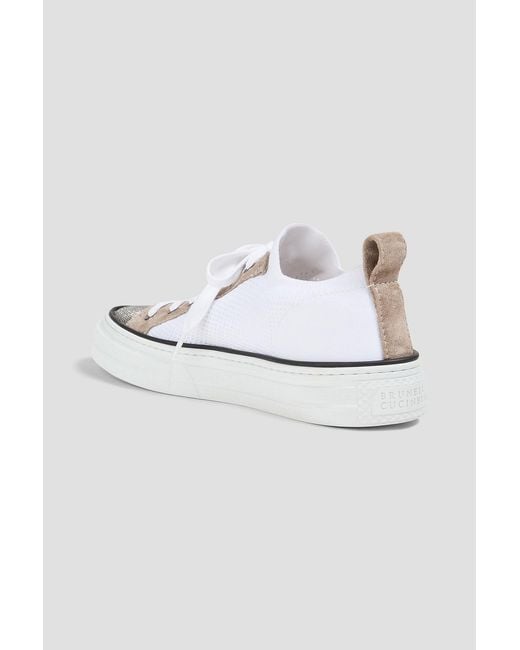Brunello Cucinelli White Bead-Embellished Suede And Stretch-Knit Sneakers