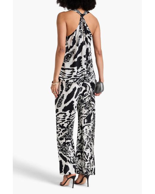 Camilla Black Crystal-embellished Printed Silk-satin Top