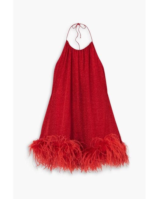 Oseree Red Lumière Feather-trimmed Metallic Stretch-knit Halterneck Mini Dress