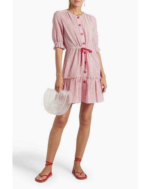 Saloni Pink Billie Ruffled Striped Cotton-blend Seersucker Mini Dress