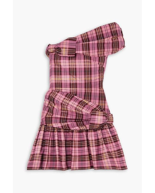 Molly Goddard Red Dimitria One-shoulder Bow-detailed Checked Metallic Woven Mini Dress