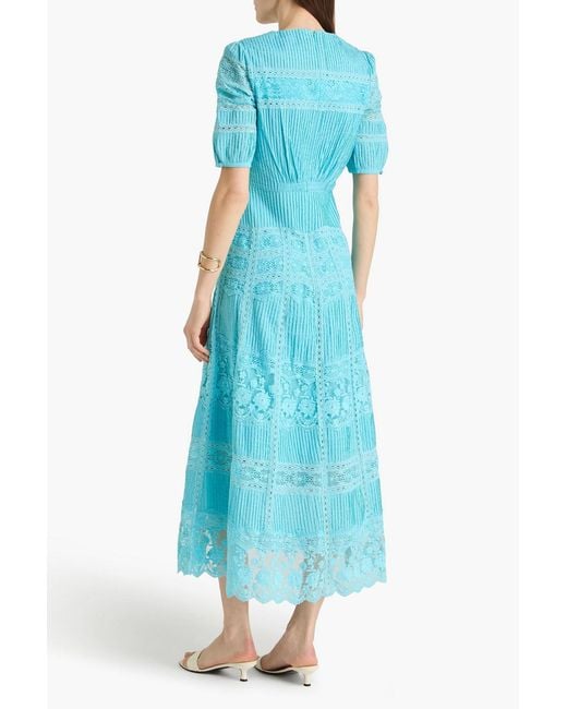 Saloni Blue Lea Lace-Paneled Cotton Midi Dress