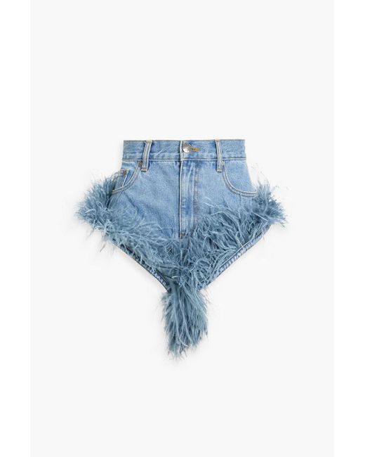 Area Blue Feather-embellished Denim Shorts