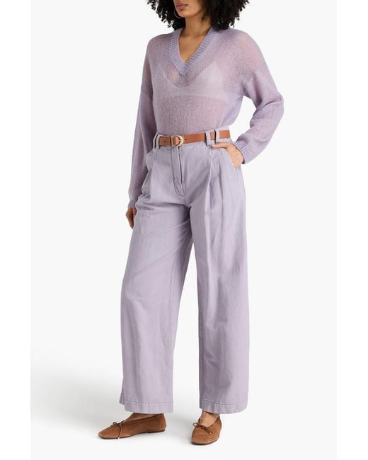 Brunello Cucinelli Purple Pleated Cotton And Linen-Blend Twill Wide-Leg Pants