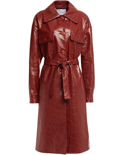 DROMe Red Belted Crinkled Leather Trench Coat