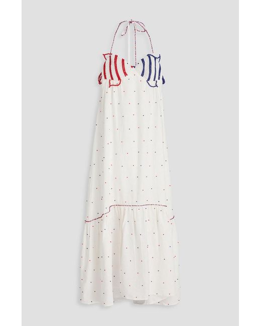 Farm Rio White Bead-Embellished Linen-Blend Halterneck Midi Dress