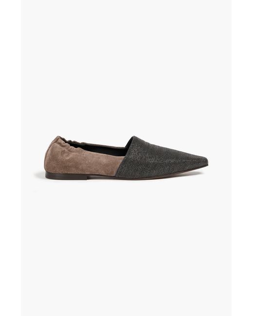 Brunello Cucinelli Natural Bead-Embellished Suede Point-Toe Flats