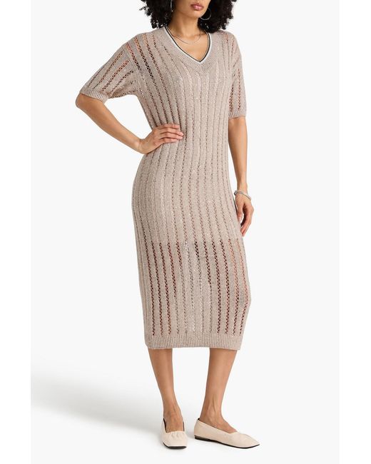 Brunello Cucinelli White Sequin-Embellished Crochet-Knit Linen-Blend Midi Dress