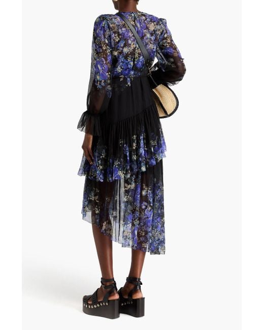 Zimmermann Blue Tiered Floral-print Silk-crepon Midi Dress