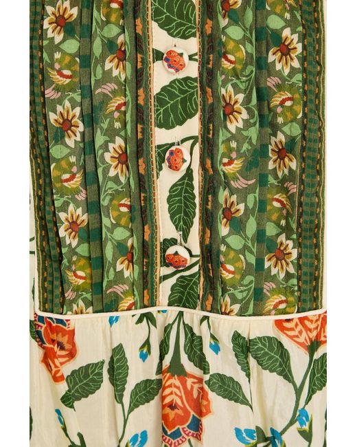 Farm Rio Green Lace-trimmed Floral-print Cotton-blend Blouse