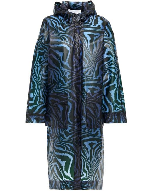 Ganni Blue Tiger-print Matte-pu Hooded Raincoat