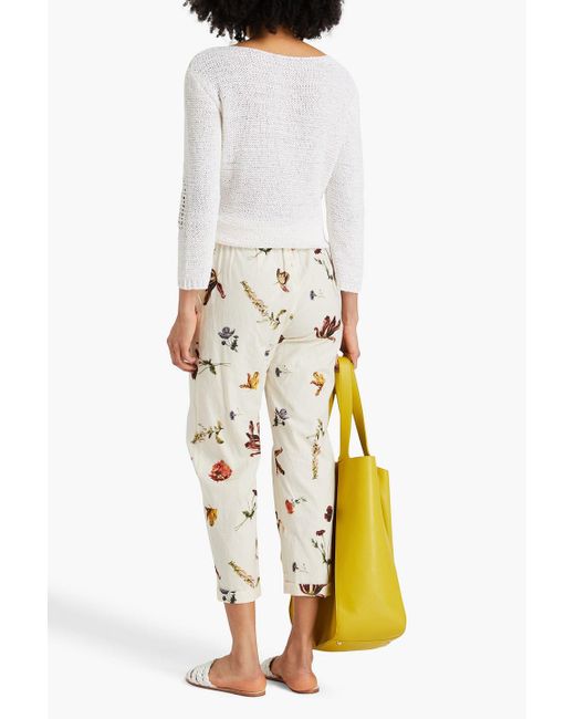Gentry Portofino Natural Cropped Floral-print Cotton Tapered Pants