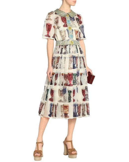 Dolce & Gabbana White Embellished Pleated Printed Silk-organza Midi Dress
