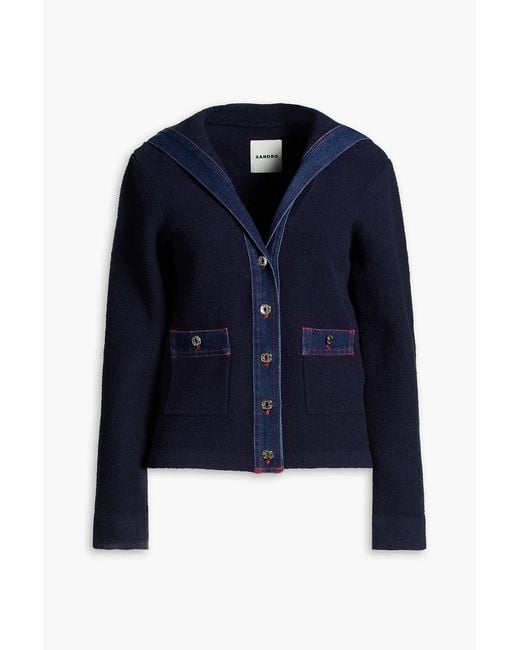 Sandro Blue Denim-Trimmed Bouclé-Knit Cotton-Blend Cardigan